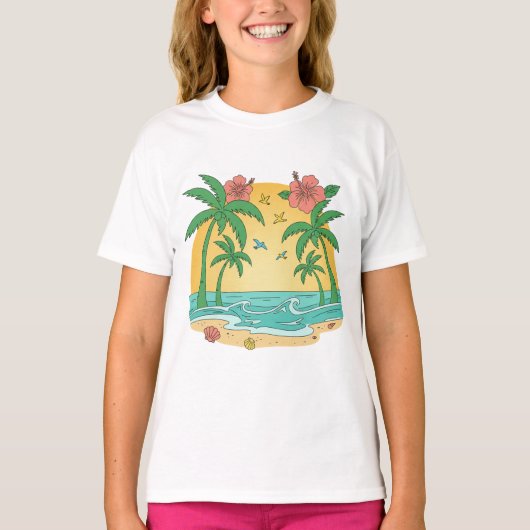 Palm Paradise Tropical Beach Girls T-Shirt Tシャツ (正面)