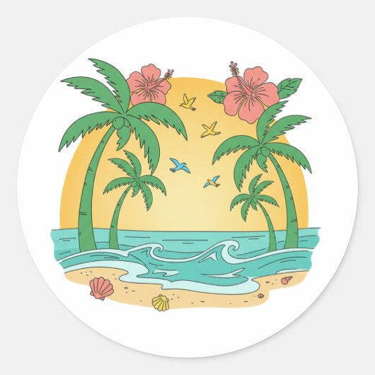 Palm Paradise Tropical Beach Sticker ラウンドシール (正面)