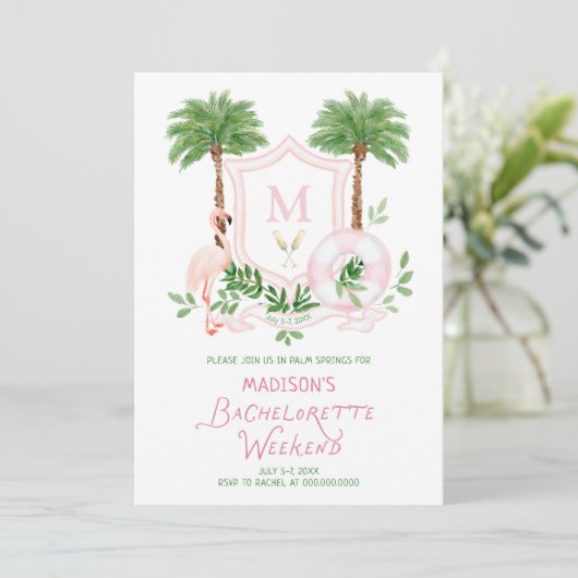 Palm Springs Monogram Crest Bachelorette  招待状 (スタンド正面)