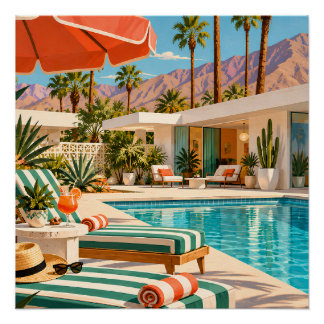 Palm Springs Poolside Retro Mid Century Modern Art ポスター