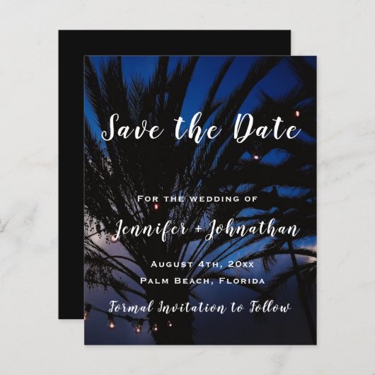 Palm String Lights Wedding Save the Date Card (正面/裏面)