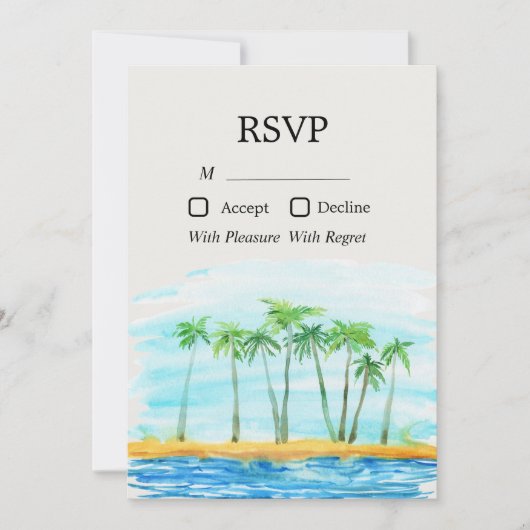 Palm Treeとビーチ結婚式RSVPカード 招待状 (正面)