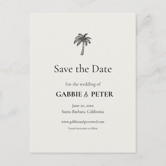 Palm TreeタイポグラフィのエレガントClean Save the Date ポストカード (正面)