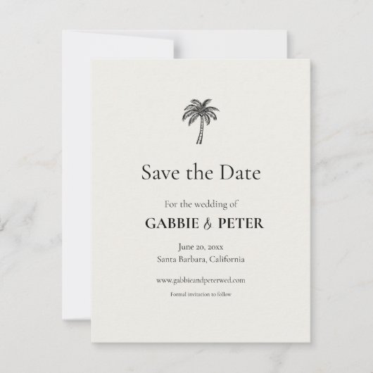Palm TreeタイポグラフィのエレガントClean Save the Date 招待状 (正面)