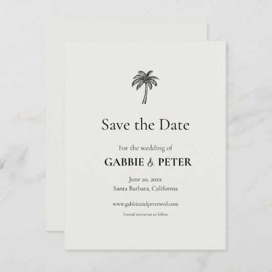 Palm TreeタイポグラフィのエレガントClean Save the Date 招待状 (正面/裏面)