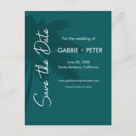 Palm Treeタイポグラフィモダンティール（緑がかった色）日付の保存 ポストカード (正面)