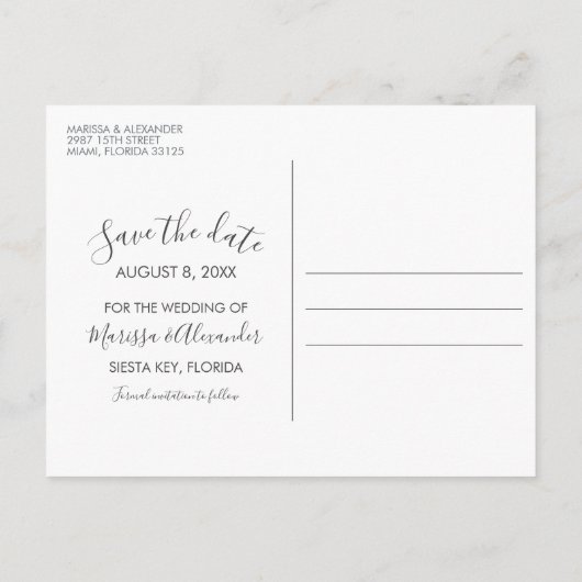 Palm Treeビーチ結婚式日付の保存 案内ポストカード (裏面)