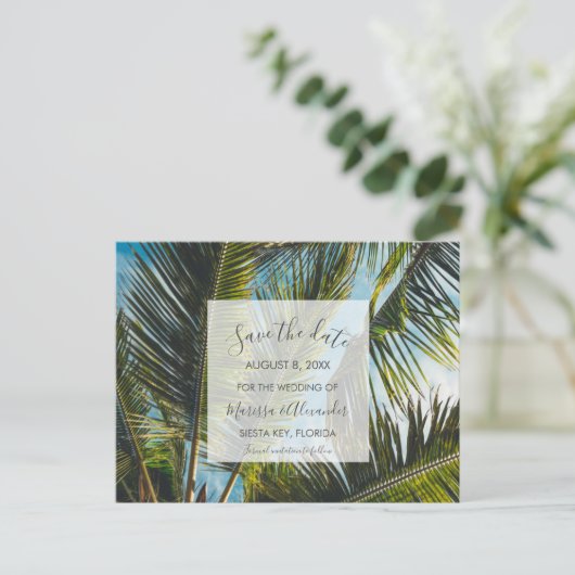 Palm Treeビーチ結婚式日付の保存 案内ポストカード (スタンド正面)