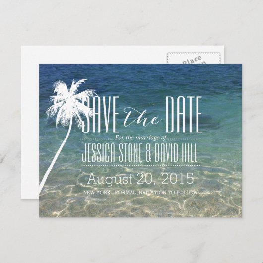 Palm Treeビーチ結婚式日付の保存 案内ポストカード (正面/裏面)