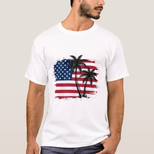 Palm Tree American Flag Patriotic Beach Vector Art Tシャツ (正面)