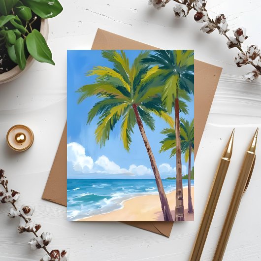 Palm Tree Beach | Tropical Watercolor Blue Card