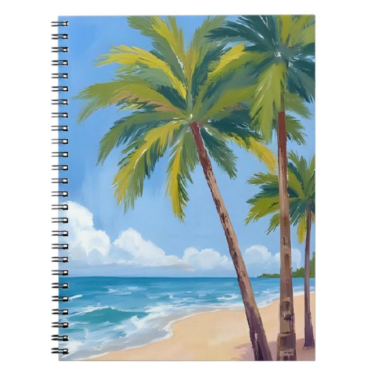 Palm Tree Beach | Tropical Watercolor Blue Painted ノートブック (正面)