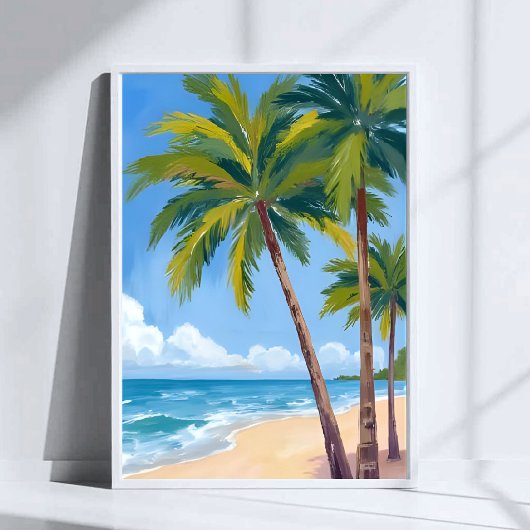 Palm Tree Beach | Tropical Watercolor Blue Sky ポスター