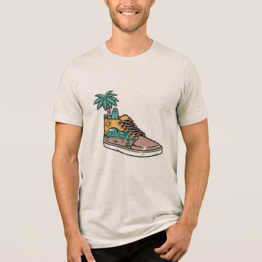 Palm Tree & Beach Wave Shoe Illustration トライブレンドTシャツ (正面)