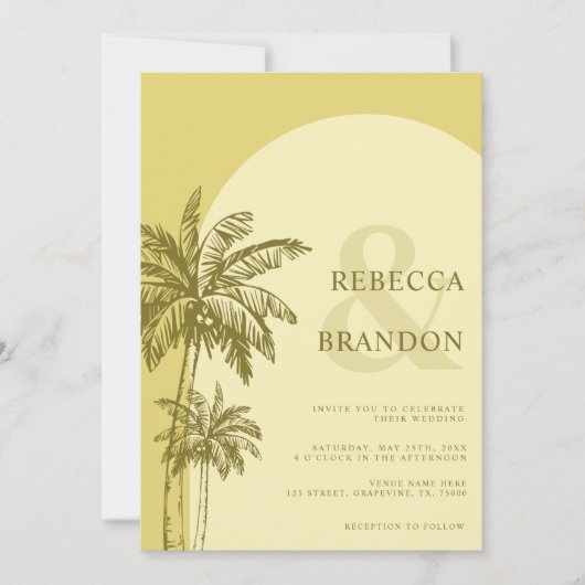 Palm Tree Boho Beach Yellow QR Code Wedding 招待状 (正面)