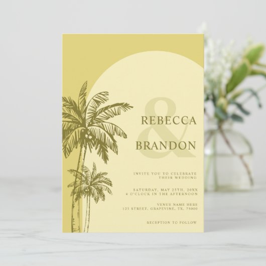 Palm Tree Boho Beach Yellow QR Code Wedding 招待状 (スタンド正面)