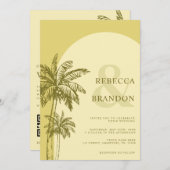 Palm Tree Boho Beach Yellow QR Code Wedding 招待状 (正面/裏面)