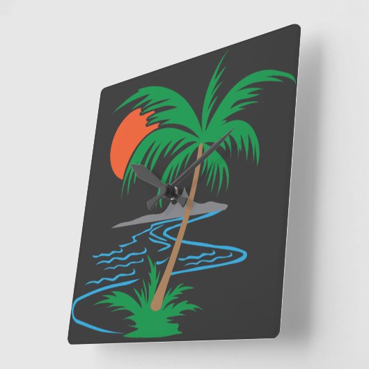 Palm Tree by the River | Tropical Sunset Art スクエア壁時計 (傾斜)