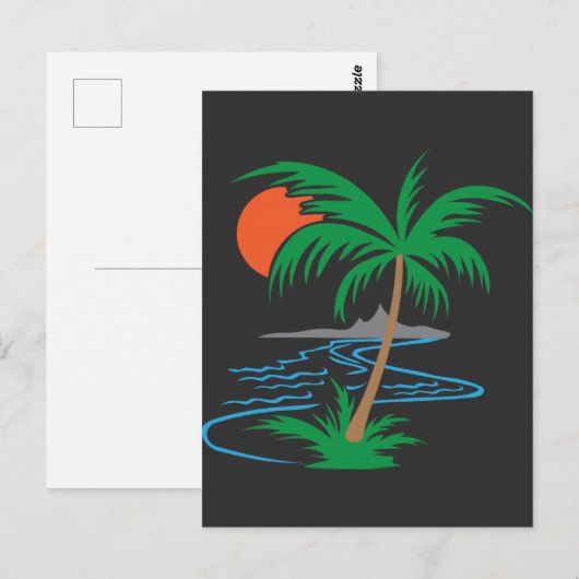 Palm Tree by the River | Tropical Sunset Art ポストカード (正面/裏面)