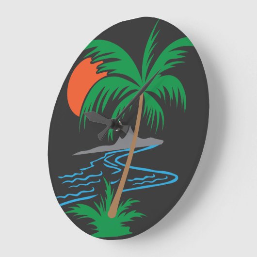 Palm Tree by the River | Tropical Sunset Art ラージ壁時計 (傾斜)