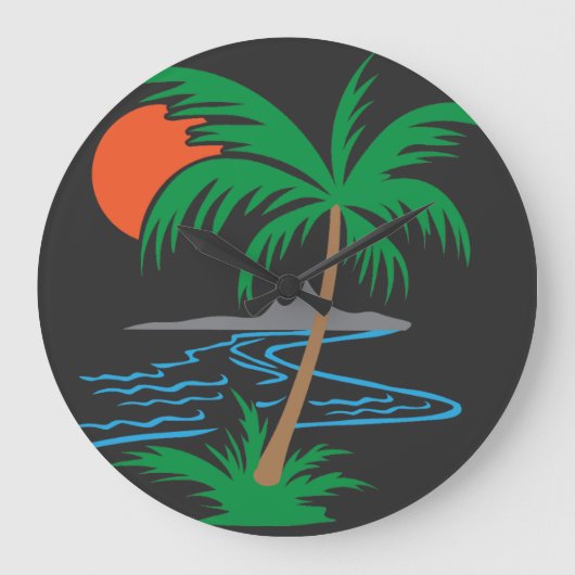 Palm Tree by the River | Tropical Sunset Art ラージ壁時計 (正面)