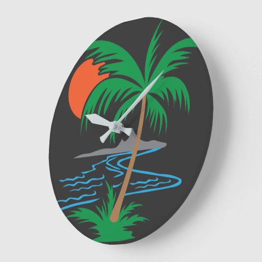 Palm Tree by the River | Tropical Sunset Art ラージ壁時計 (傾斜)