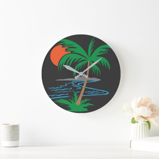Palm Tree by the River | Tropical Sunset Art ラージ壁時計 (ホーム)