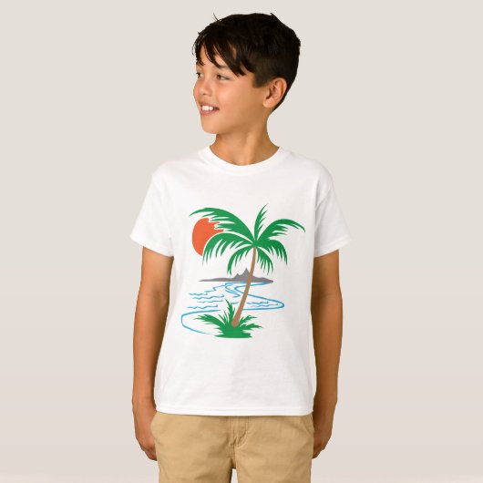 Palm Tree by the River | Tropical Sunset Art Tシャツ (正面フル)