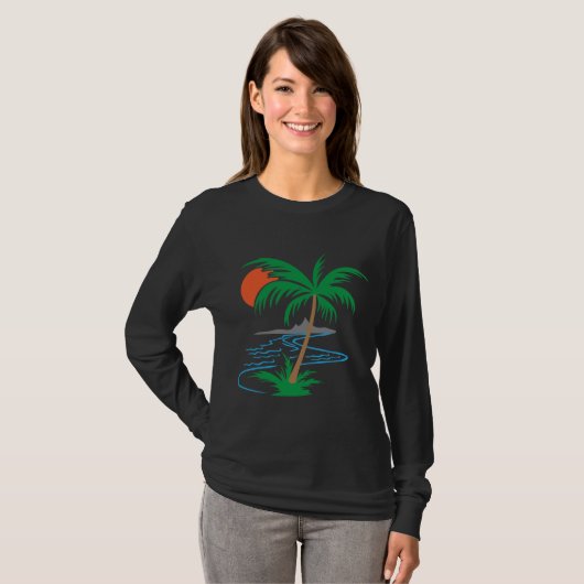 Palm Tree by the River | Tropical Sunset Art Tシャツ (正面フル)