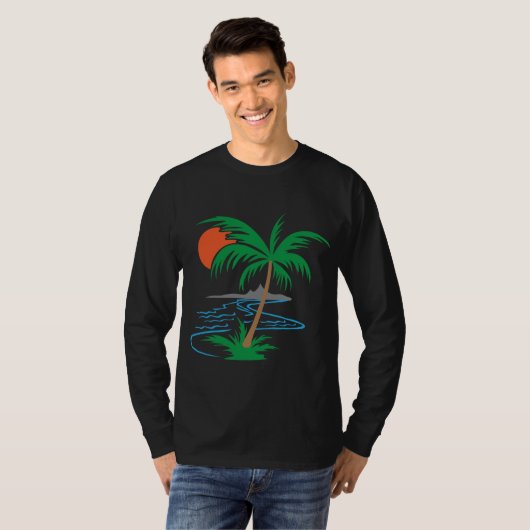 Palm Tree by the River | Tropical Sunset Art Tシャツ (正面フル)