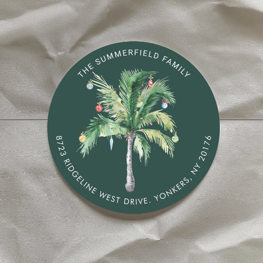 Palm Tree Coastal Christmas Return Address ラウンドシール