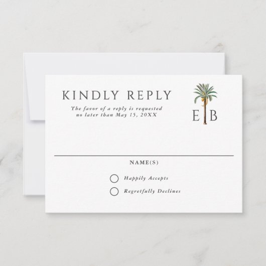 Palm Tree Elegant Tropical Monogram Wedding 出欠カード (正面)
