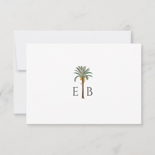 Palm Tree Elegant Tropical Monogram Wedding 出欠カード (裏面)