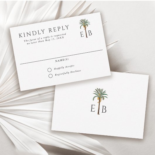 Palm Tree Elegant Tropical Monogram Wedding 出欠カード