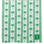 Palm Tree Greek Key Stripe – Green Coastal Preppy シャワーカーテン (正面)
