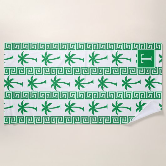 Palm Tree Greek Key Stripe – Green Coastal Preppy ビーチタオル (正面)