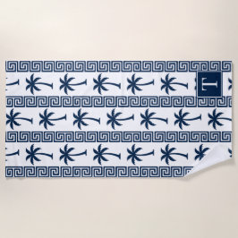 Palm Tree Greek Key Stripe – Navy Coastal Preppy ビーチタオル