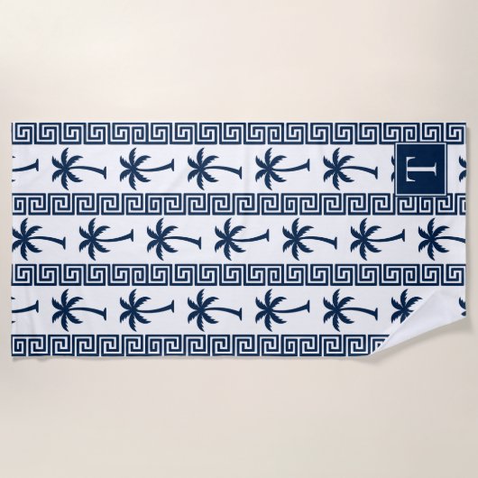 Palm Tree Greek Key Stripe – Navy Coastal Preppy ビーチタオル (正面)