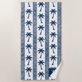 Palm Tree Greek Key Stripe – Navy Coastal Preppy ビーチタオル (正面)