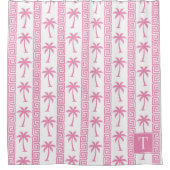 Palm Tree Greek Key Stripe – Pink Coastal Preppy シャワーカーテン (正面)