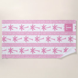 Palm Tree Greek Key Stripe – Pink Coastal Preppy ビーチタオル