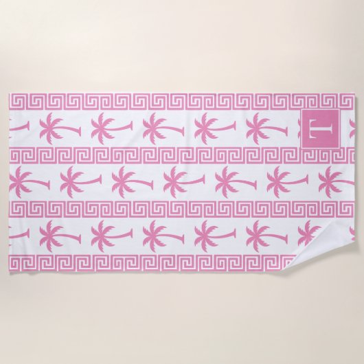 Palm Tree Greek Key Stripe – Pink Coastal Preppy ビーチタオル (正面)