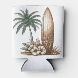 PALM TREE HIBISCUS FLOWER AND SURFBOARD 缶クーラー