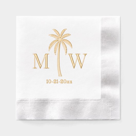 Palm Tree Initial Couple Wedding Monogram Date #5 箔ナプキン (正面)