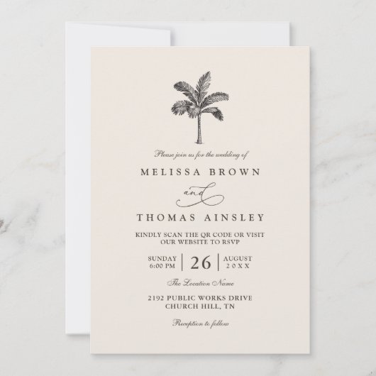 Palm Tree Minimalist Destination QR Code Wedding 招待状 (正面)