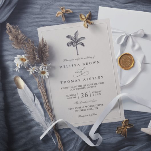 Palm Tree Minimalist Destination QR Code Wedding 招待状