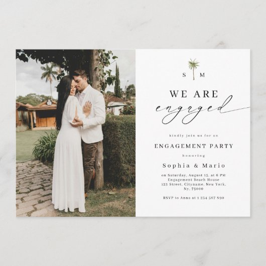 Palm Tree Monogram Beach Engagement Party 招待状 (正面)