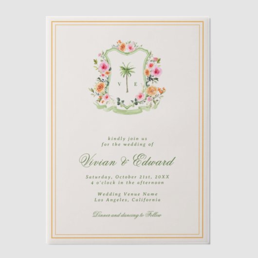 Palm Tree Monogram Crest Vellum Beach Wedding ベラム紙招待状 (正面)