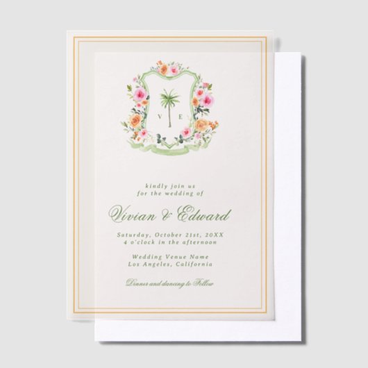 Palm Tree Monogram Crest Vellum Beach Wedding ベラム紙招待状 (オフセット)