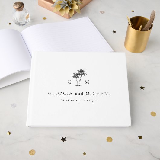 Palm Tree Monogram Elegant Beach Wedding ゲストブック (正面見開き)